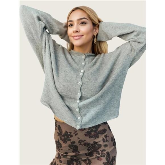 Women's Crew Neck Casual Cardigan Sweater Light Grey - Picture 3 of 5